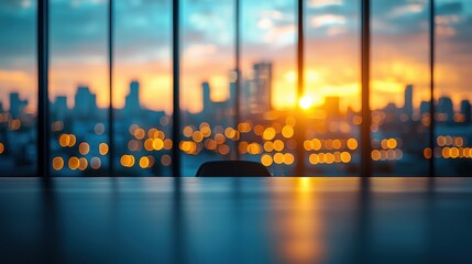 City skyline with a sun setting in the background