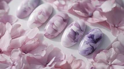 Obraz premium Elegant Purple Marble Nail Art Design with Petals Background
