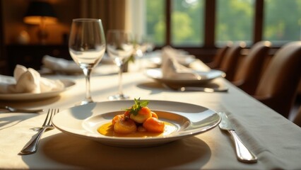 Fototapeta premium A delicately plated dessert featuring caramelized fruit and a sprig of mint, elegantly presented on a pristine white plate at a sunlit table setting