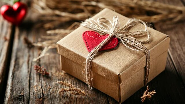 Wrapped gift box with heart decoration on rustic wooden table for special occasions