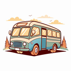 Vintage bus illustration in a forest landscape