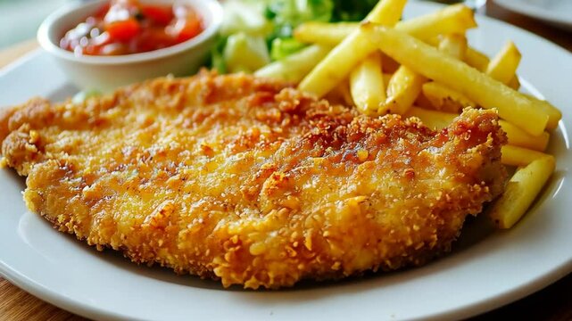 Crispy breaded chicken cutlet served with fries and fresh salad at a casual dining restaurant