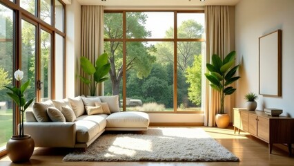 Naklejka premium Sunlit Living Room with Sectional Sofa and Lush Greenery Featuring Floor to Ceiling Windows and Natural Wood Accents