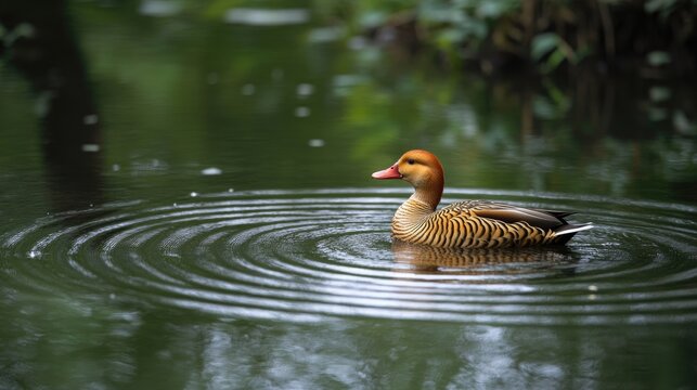 Female mandarin duck swims pond, lush green background, nature wildlife photo