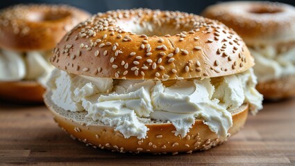 delicious bagel sandwich filled with fluffy, cloud like cream cheese sits plate, showcasing perfect blend of textures and flavors,bagels with sesame seeds