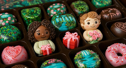 Artistic Chocolate Box with Adorable Figurine Decorations..
