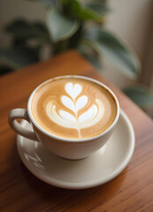 Close-Up of a Latte with Beautiful Latte Art on a Wooden Table..