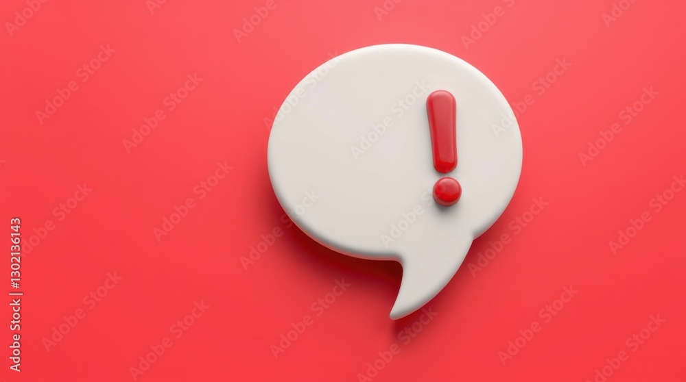Poster stylized digital art featuring a white speech bubble with a red exclamation point on a solid red bac