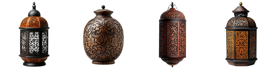 Beautifully Crafted Ornate Ethnic Lanterns in Shimmering Hues of Bronze Glass and Lacquer Illuminating Festive Atmospheres for Ramadan Diwali and Other Cultural