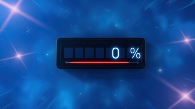 Progress Bar at Zero: A digital illustration of a loading bar indicating 0% against a blue background. - Powered by Adobe