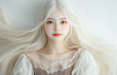 An albino fashion model poses confidently in a minimalist Gypsy style, her pale skin and hair highlighted in a clean, modern studio.