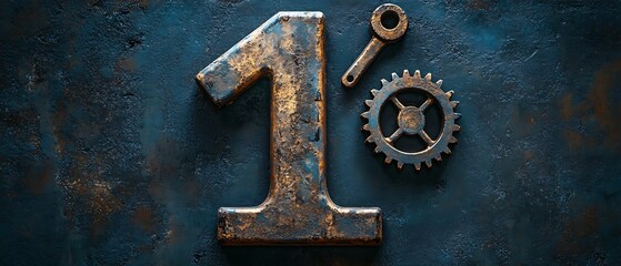 A creative layout of a hammer, wrench, and gear wheel merging into the shape of the number one, symbolizing unity in labor