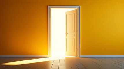 the image showcases an open white door with bright light streaming through its crack, illuminating the yellow walls and floor, and creating a warm, bright, and hopeful atmosphere1