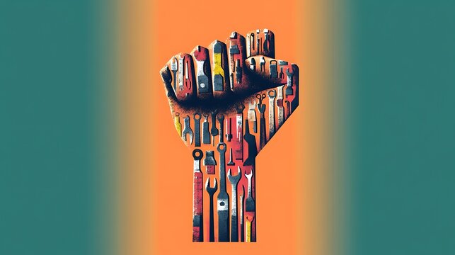 A creative flat art representation of construction tools forming a geometric fist, symbolizing labor rights and unity