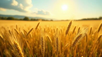 Naklejka premium Golden Wheat Field at Sunset A Serene Landscape of Ripe Grain Under the Warm Glow of the Evening Sun