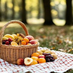 picnic scene featuring wicker basket filled with fresh fruits like apples, grapes, and oranges, set on checkered blanket in serene outdoor setting