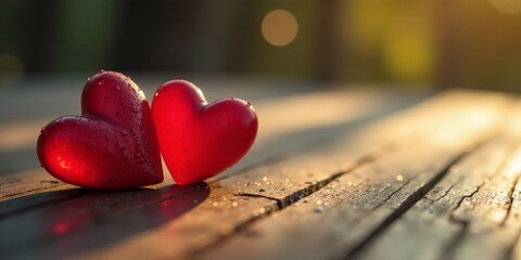 Obraz premium Two glistening red hearts rest on weathered wood, bathed in warm sunlight