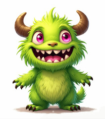 Fototapeta premium Cartoon Green Monster with Horns and a Big Smile, transparent background