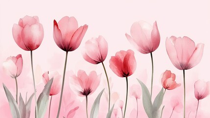 Soft watercolor tulip flowers in pastel pinks, with subtle gradient shading and delicate brush strokes. The light and airy design works well for feminine designs, greeting cards, and sophisticated bra