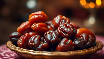 Pile of shiny dates in a textured bowl, soft focus background with bokeh lights. Rich colors and inviting composition.
