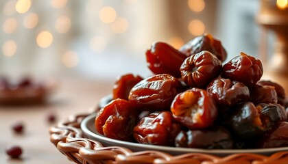 Dates in a decorative bowl, ideal for Ramadan, Eid, or healthy eating concepts. Warm, golden tones and bokeh lights.