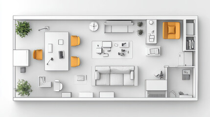 sleek 3D office design blueprint featuring modern layout with desk, chairs, and various furniture pieces. design emphasizes functionality and aesthetics