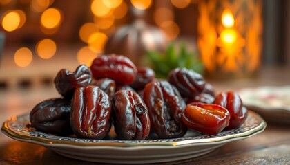 Close-up of glossy dates in a woven bowl, soft bokeh background. Warm, inviting scene, perfect for Ramadan or healthy snack themes.