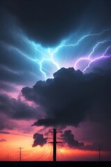 Obraz premium dark scary sky and intense clouds and a sky lighten up with brightly colored lightening about to storm. dramatic clouds, colorful lightning, eerie sky, powerful storm, electric storm, nature, stormy