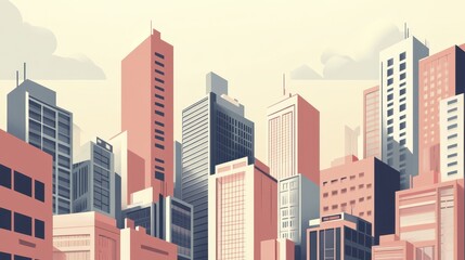 Fototapeta premium A Stunning Panoramic View of a Modern Cityscape at Dawn, Featuring a Collection of Tall Buildings in Pastel Shades of Pink, Gray, and White, against a Soft, Pale Sky