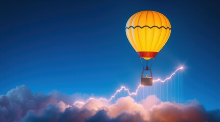 Fototapeta premium Hot air balloon soaring over illuminated graph line against a vibrant blue sky; conceptual success.