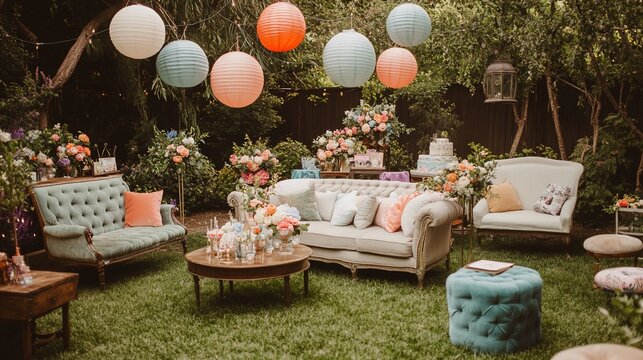 Outdoor event lounge with vintage couches, paper lanterns, and lush floral arrangements