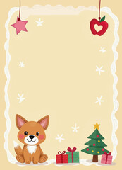Naklejka premium Festive Greeting Card with Dog, Gifts, Christmas Tree, Star and Apple with transparent background