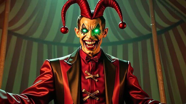 Evil Jester with Flaming Skulls in Circus Tent