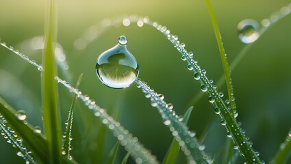 A fragile dew drop shimmers on green grass, reflecting light in an ethereal dance, embodying the serene and intricate charm of nature.