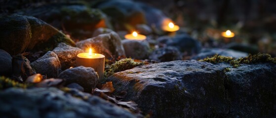 Obraz premium Candlelit New Year Vigil: Stones Moss & Warm Glow 