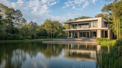 Fototapeta premium Lake House Reflection: Modern Architecture Forest View 