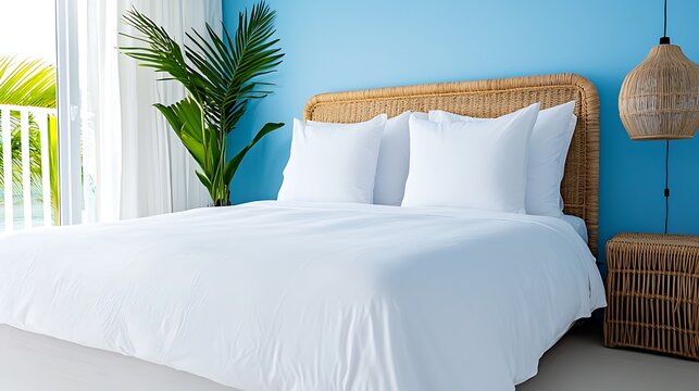 Beach Themed Bedroom with Light Blue Walls and Rattan Headboard