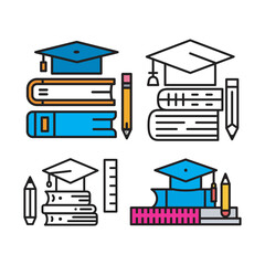 Academic Vector Icons Set with Books, Graduation Cap, Pencil, and Ruler