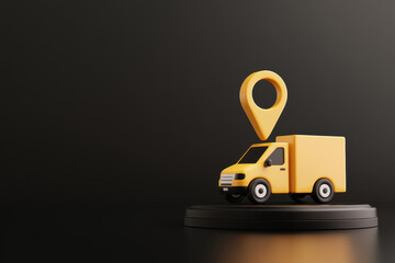 3D illustration of yellow delivery van with map marker on dark background, symbolizing logistics and transportation