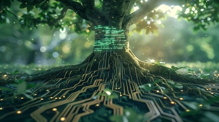 A conceptual image of a tree with roots connecting to a digital circuit board.

