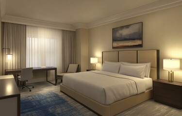 Luxurious hotel room with king-size bed, work desk, and window.