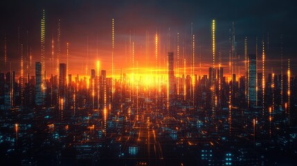 Obraz premium Futuristic city skyline at sunset, digital art, technology, urban scene. Possible stock photo use