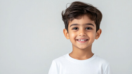 cheerful 6 year old boy with bright smile, wearing white shirt, poses against neutral background, radiating joy and innocence