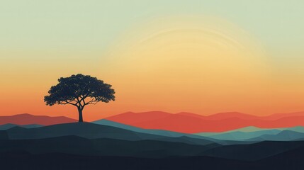 Solitary Tree Silhouette at Sunset Over Rolling Hills Landscape