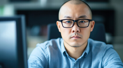 focused man with glasses sitting at desk, working on computer in modern office environment. His serious expression reflects concentration and professionalism