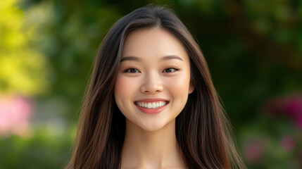 Fototapeta premium young woman with long hair smiles brightly in lush outdoor setting, radiating joy and positivity. vibrant background enhances her cheerful expression