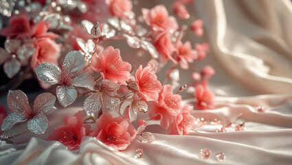 Elegant Bridal Background with Delicate Red Blossoms in Silver and Antique Pink &ndash; Romantic, Opulent Design with Space for Text