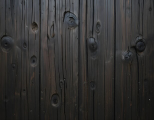 Fototapeta premium Burnt wood wall paneling texture with deep grain patterns and a rich, dark finish. The charred effect enhances the natural knots and lines, perfect for rustic, modern, or industrial interiors.