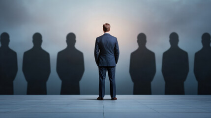 Obraz premium business leader standing alone, facing shadows of figures, symbolizing leadership and decision making. atmosphere conveys sense of contemplation and authority