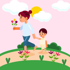 Loving Moment Child Presents Flowers to Mother, flat illustration style